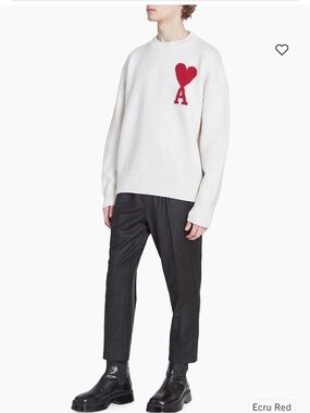 Ami Alexandre Mattiussi Ecru Crewneck Sweater with Red Heart 'A'